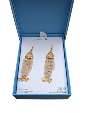 Piper-k Gold and Cream Shell Fish-Scale Drop Earrings